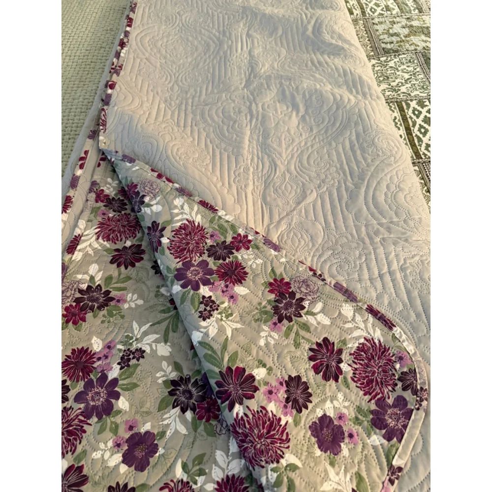 Floral Quilt Bedspread Set 3 Pc Full Queen Purple Green Quilted Coverlet w Shams